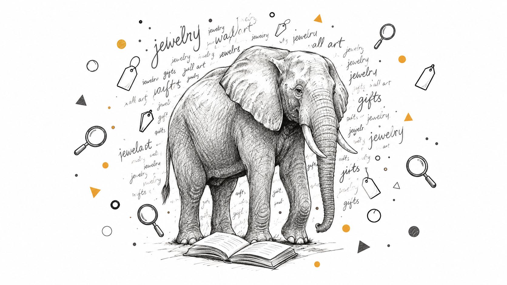 A pencil sketch of an elephant standing over an open book surrounded by floating business-themed text labels.