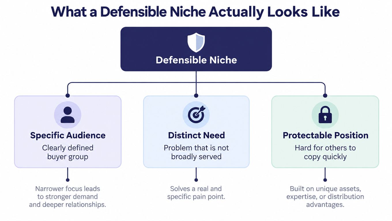 A diagram illustrating the three core pillars of a defensible niche: specific audience, distinct need, and protectable position.