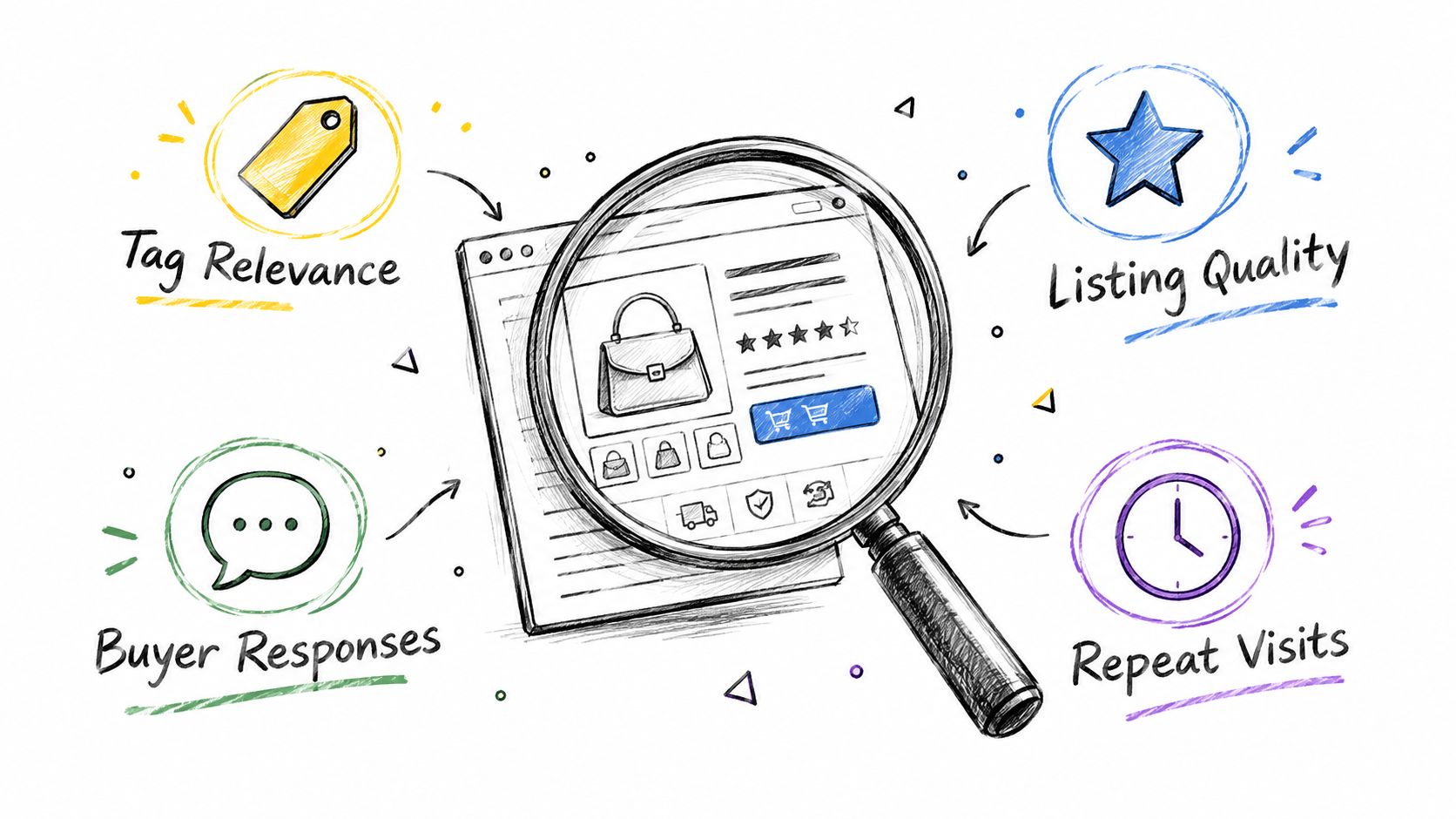 A hand-drawn illustration showing a magnifying glass over an online product page with icons for SEO factors.