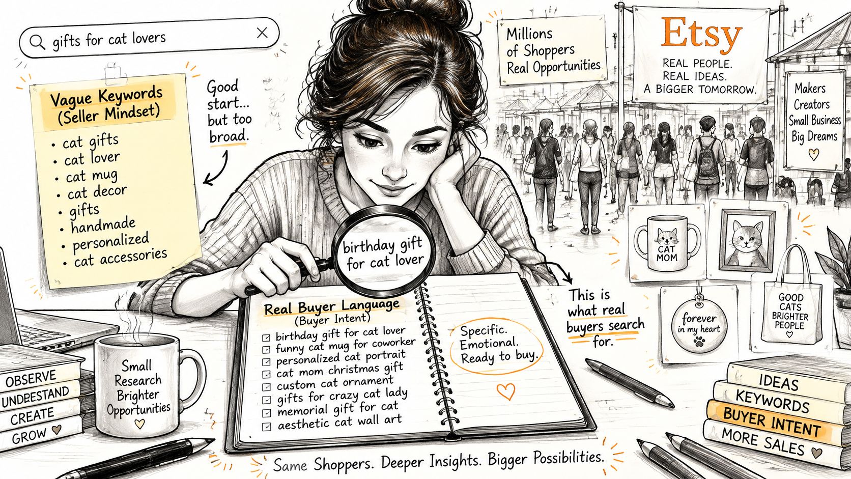 An illustration showing Etsy sellers how to research specific, high-intent buyer keywords instead of broad, vague search terms.