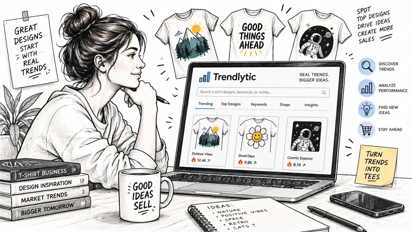 A woman sketching t-shirt design ideas at a desk with a laptop showing trend analysis software.