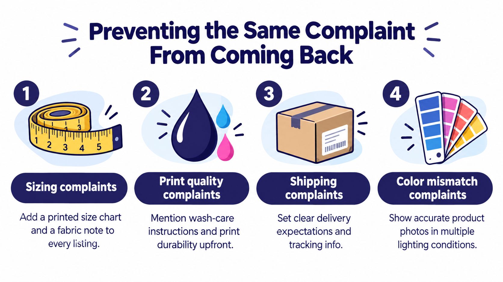 A four-step infographic showing how to prevent common customer complaints regarding sizing, print quality, shipping, and color.