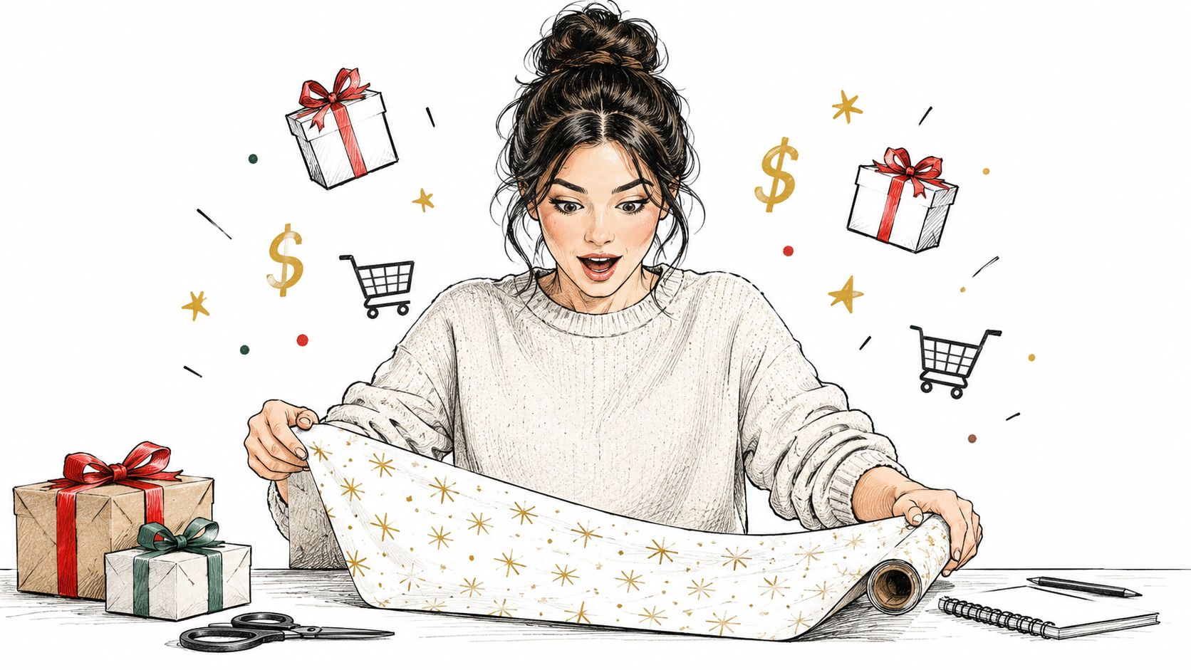A woman enthusiastically wrapping gifts with gold-patterned paper, surrounded by shopping icons and presents.