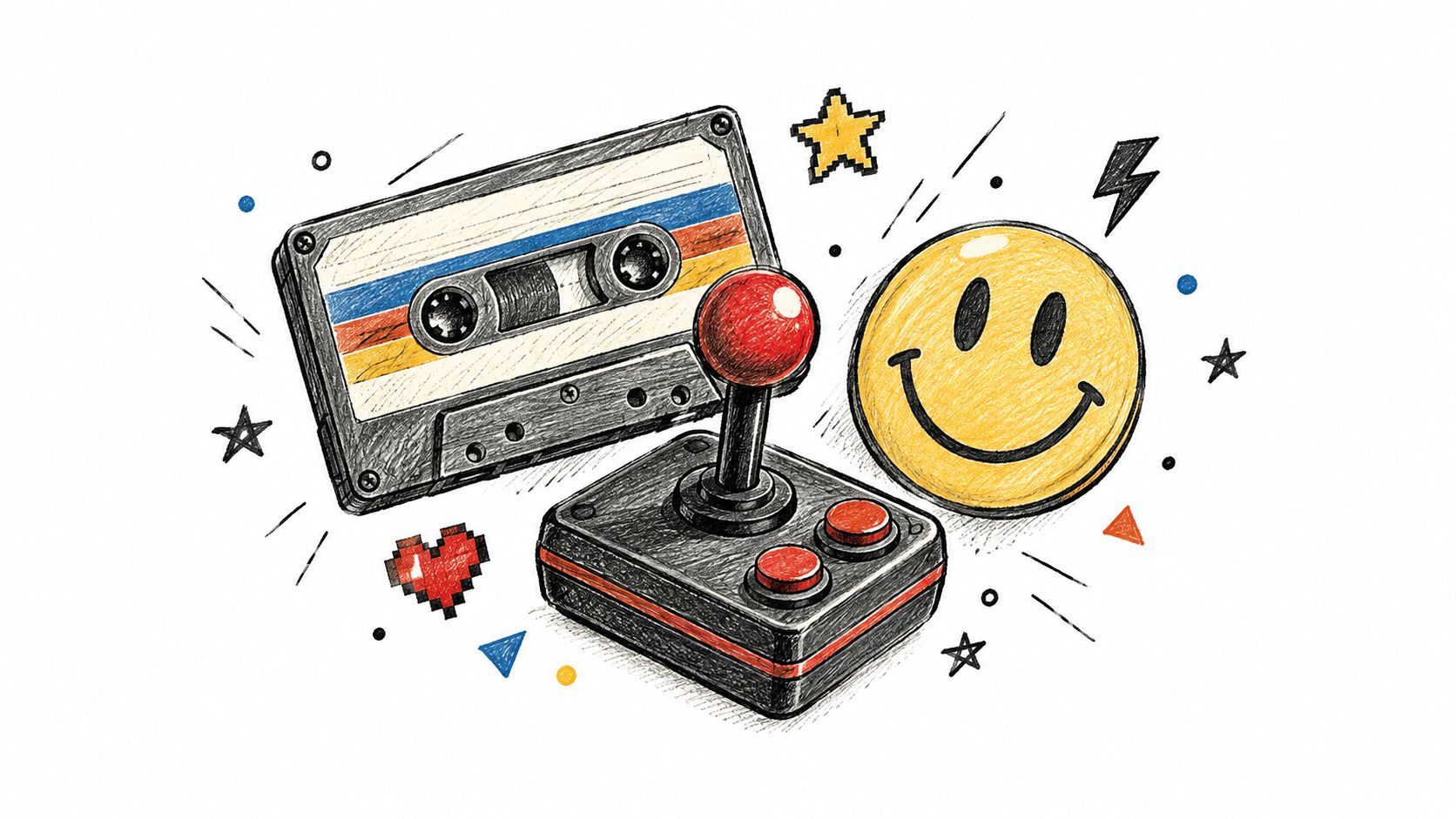 A hand-drawn illustration featuring a cassette tape, a retro arcade joystick, and a yellow smiley face.