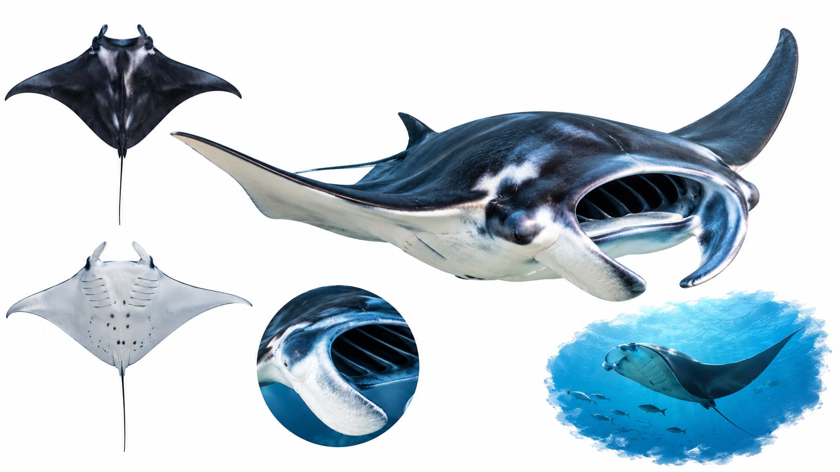 A composite image showing various views and swimming perspectives of a majestic giant oceanic manta ray.