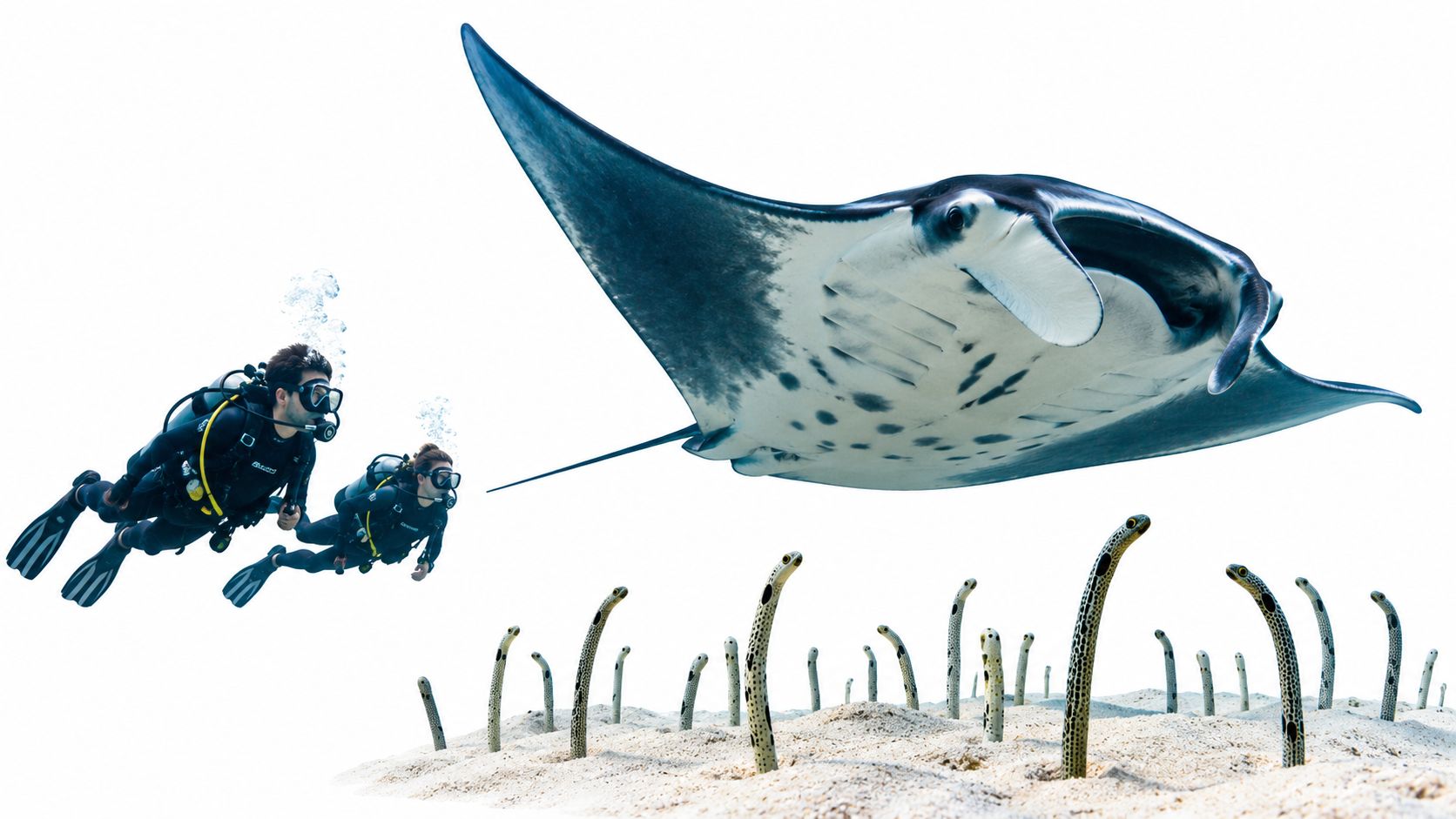 Scuba divers swimming near a large manta ray over a sandy ocean floor filled with garden eels