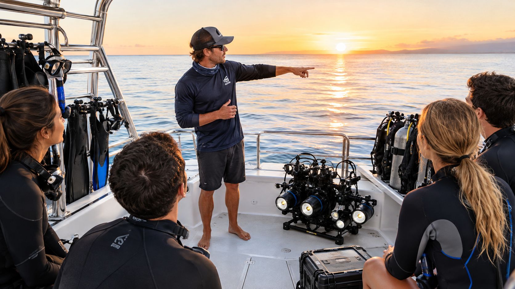 A dive instructor points toward the sunset while giving instructions to a group on a boat.
