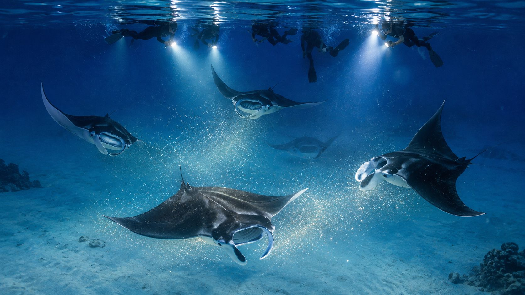 Scuba divers with flashlights swim underwater alongside several manta rays in a deep blue ocean.