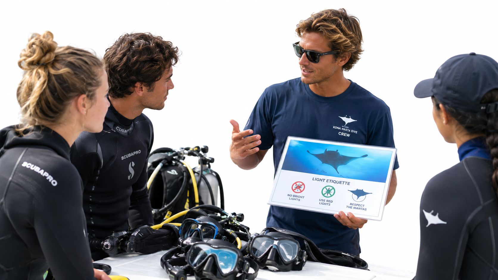 A dive instructor teaches divers about light etiquette for manta ray diving on a boat deck.