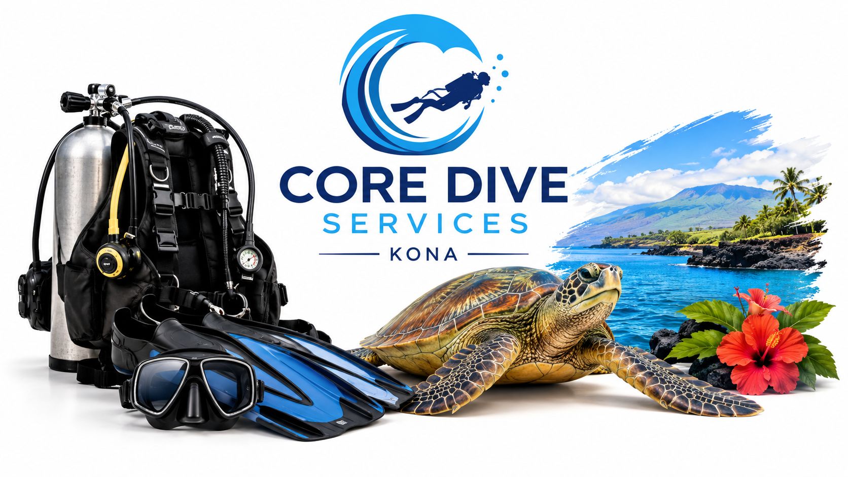 Scuba diving gear, a sea turtle, and a tropical landscape representing professional Kona dive services.