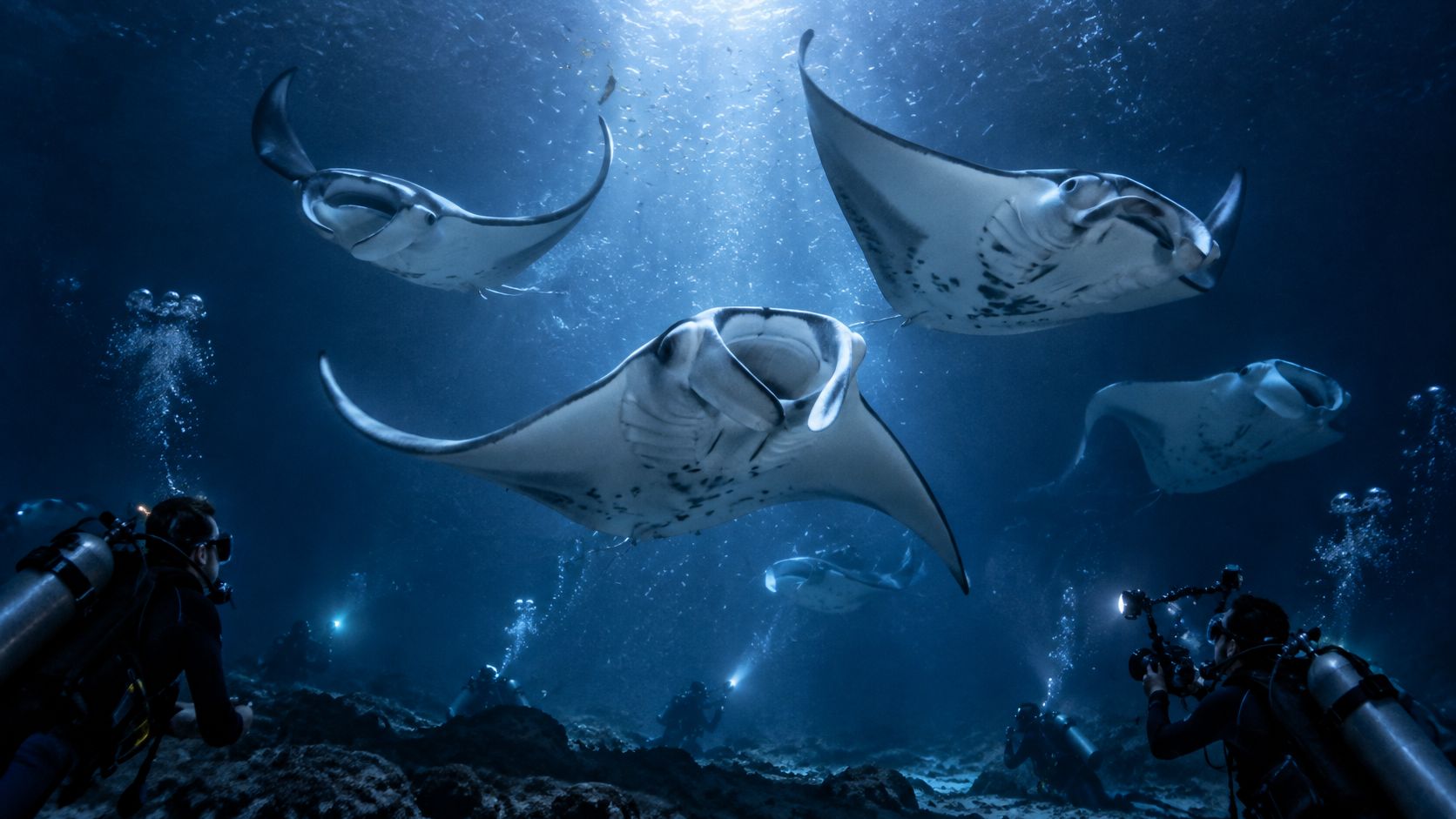 Scuba divers capturing underwater footage of a group of majestic manta rays gliding through the dark ocean