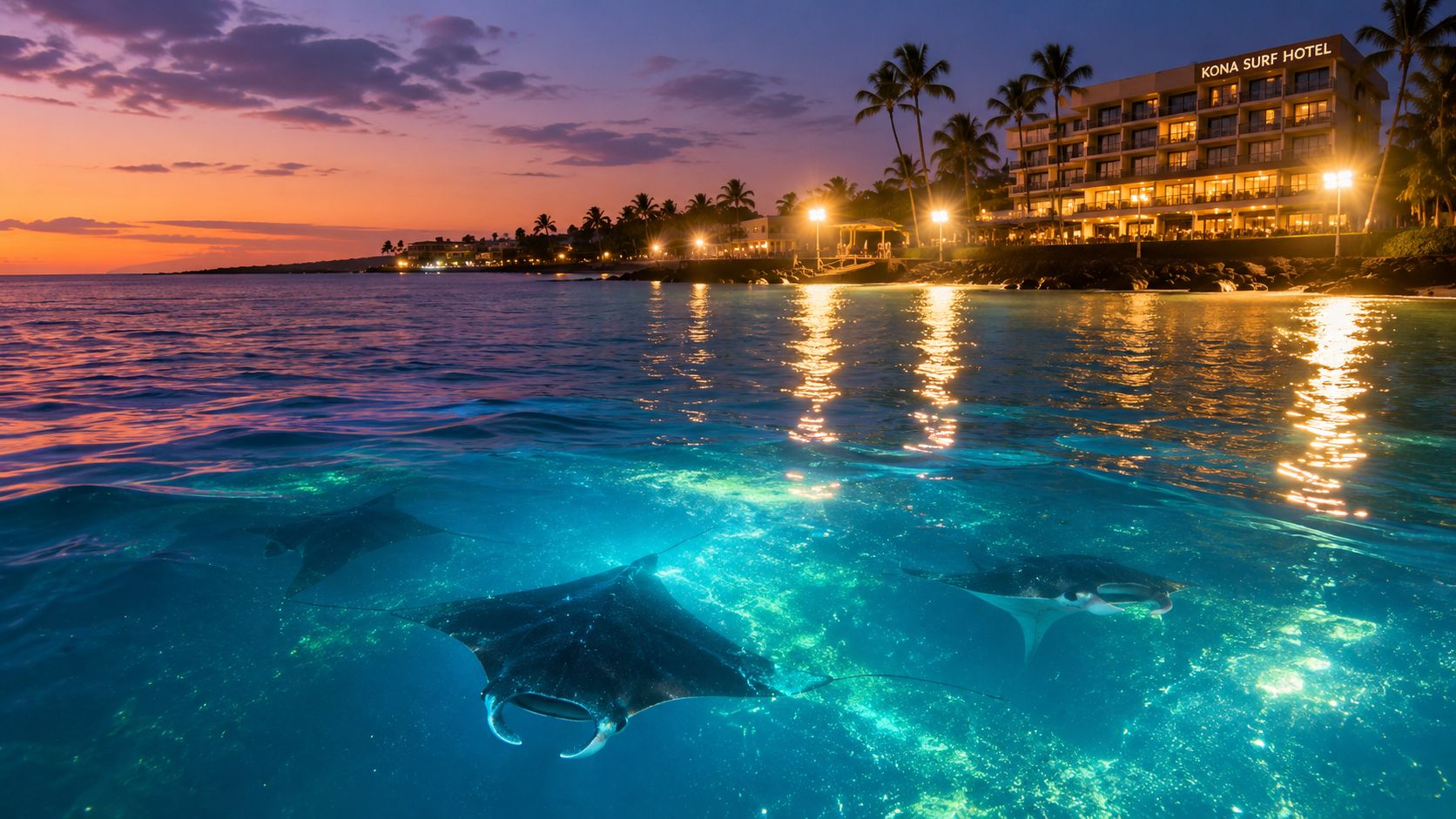 Several manta rays swimming in bright blue ocean water at night in front of the Kona Surf Hotel.