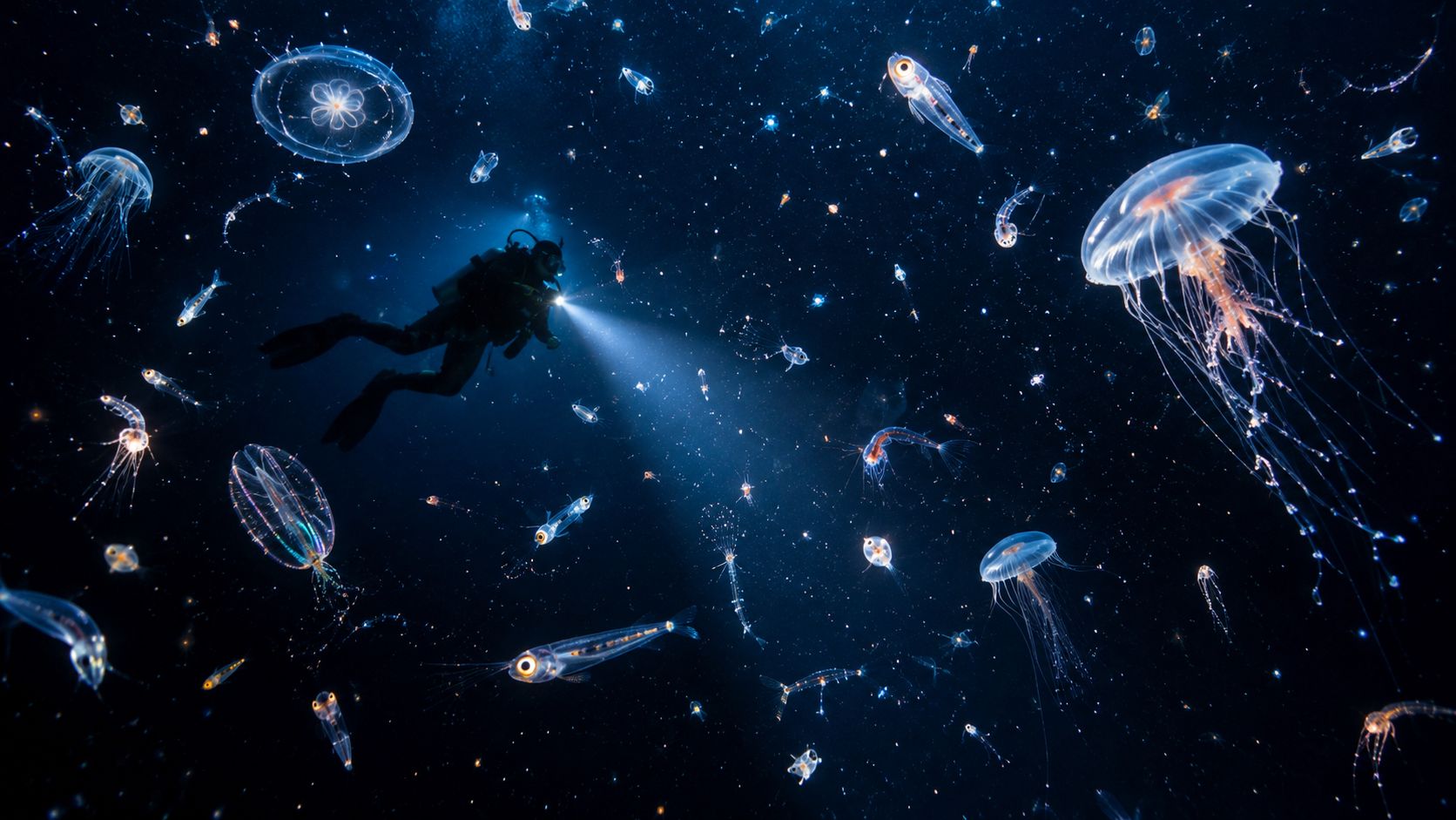 A scuba diver explores the deep ocean, surrounded by a multitude of glowing jellyfish and transparent fish.