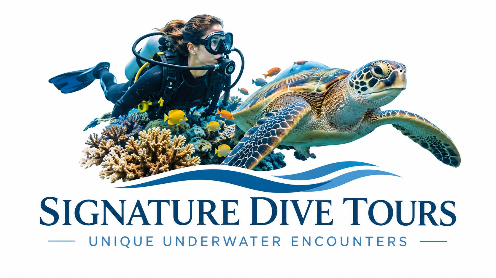 A scuba diver swimming near a sea turtle above a vibrant coral reef in the ocean.