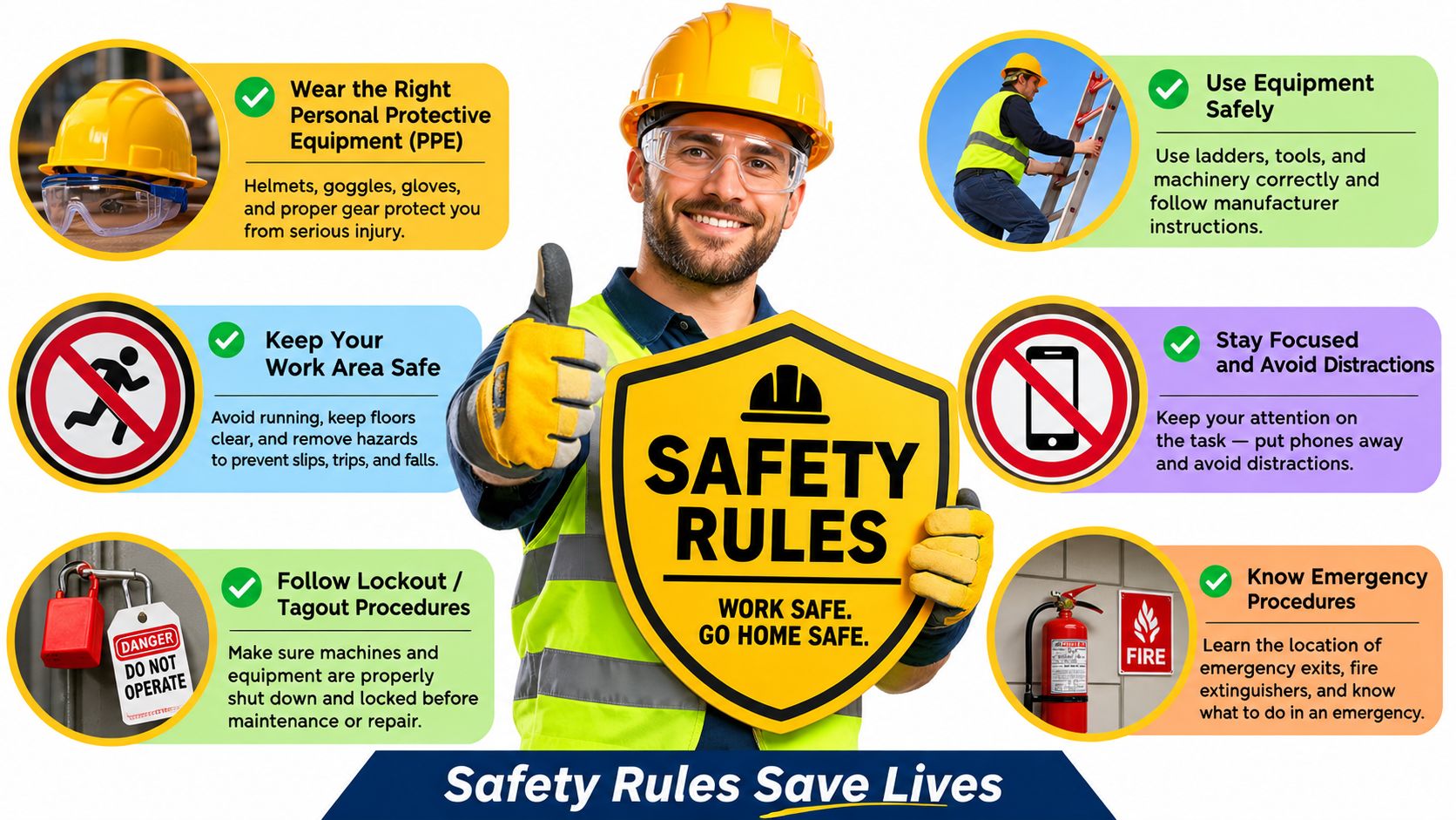 A safety instruction poster featuring a construction worker holding a yellow safety rules sign with icons.