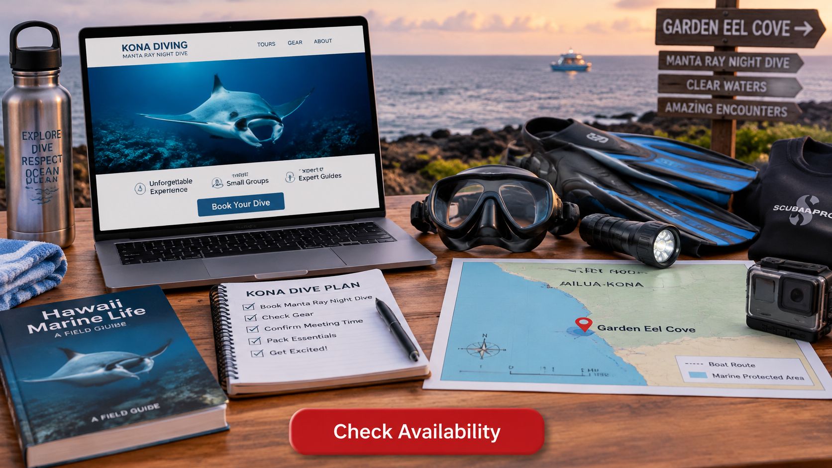 A laptop displays a manta ray night dive booking page alongside scuba gear and a dive map.