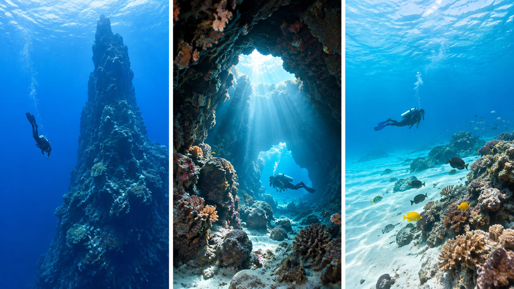 Three underwater scenes featuring scuba divers exploring coral reefs and rocky caverns in the ocean.