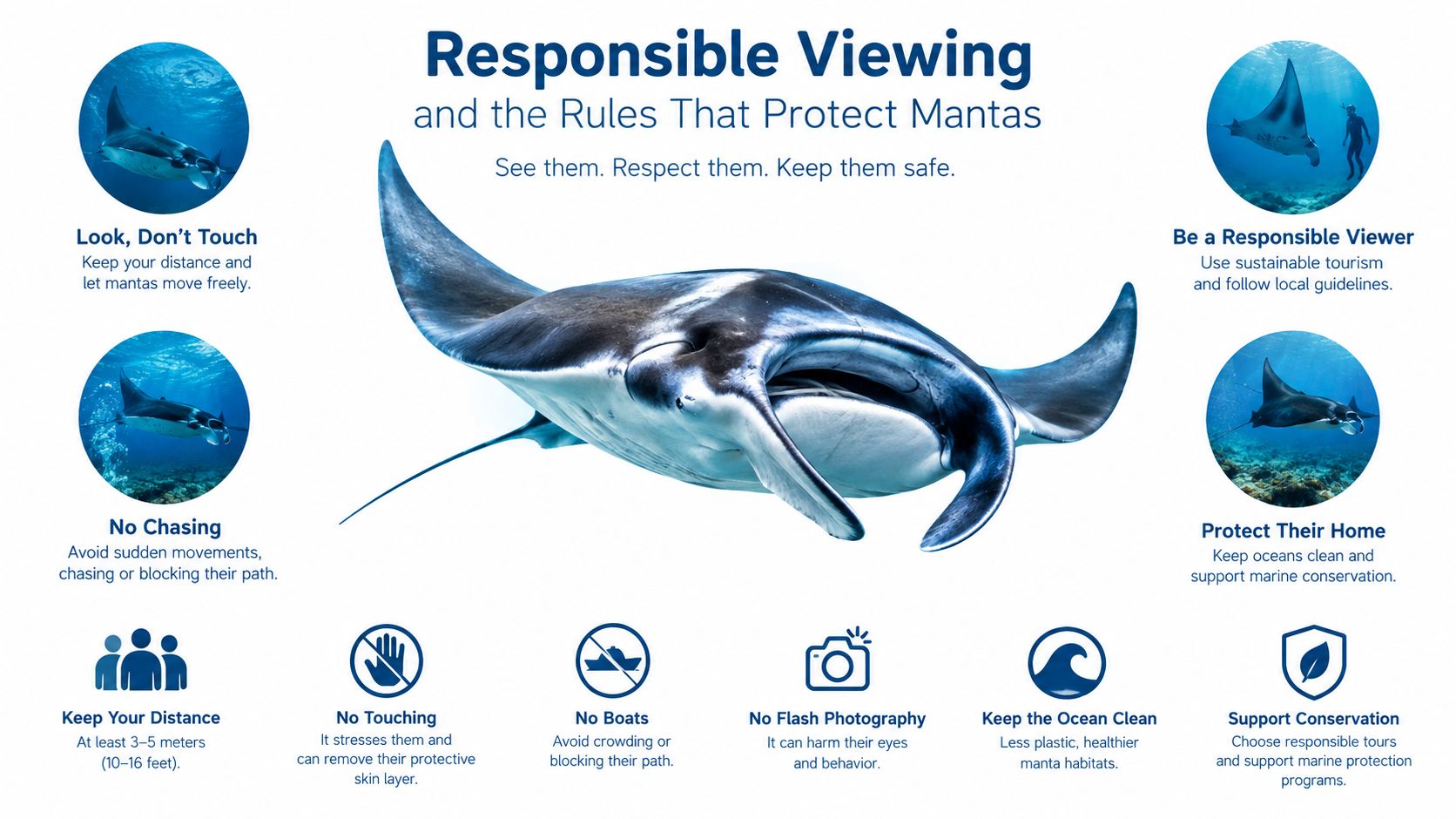 An educational infographic about responsible manta ray viewing guidelines for safe and sustainable ocean interaction.