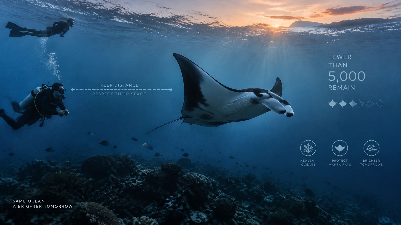 A scuba diver observing a majestic manta ray swimming in clear blue ocean water at sunset.