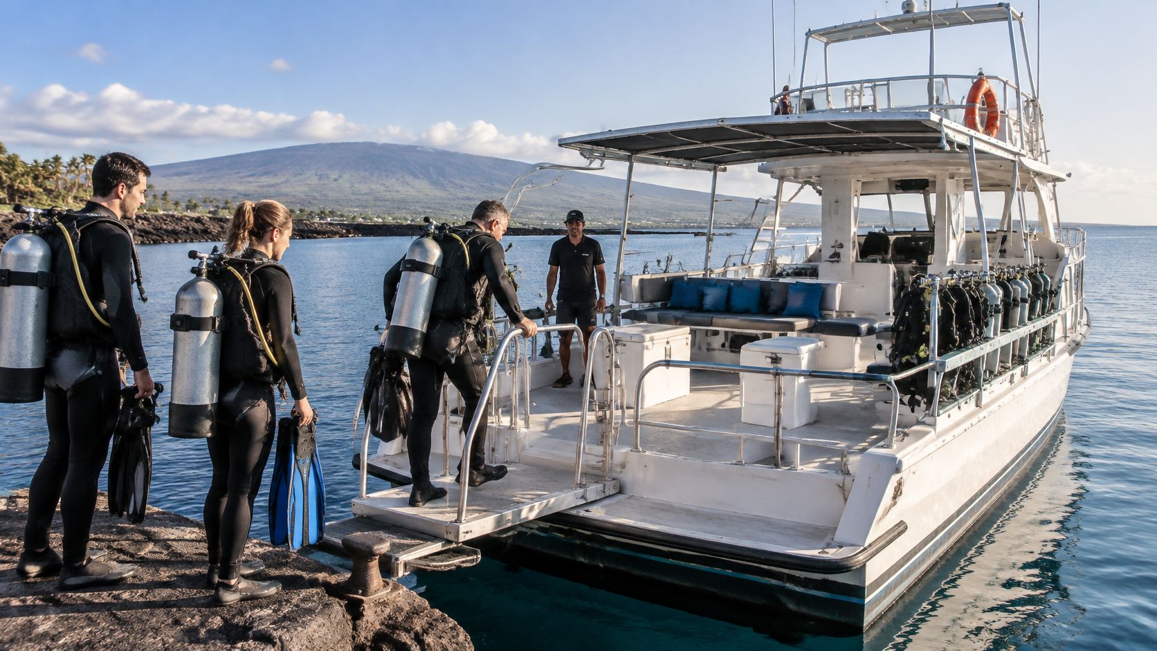 Divers preparing to board a boat for a scuba diving excursion on the Big Island of Hawaii.