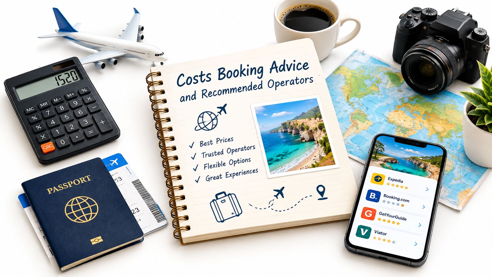 A flat lay of travel planning essentials including a notepad, calculator, passport, model airplane, camera, map, and smartphone.