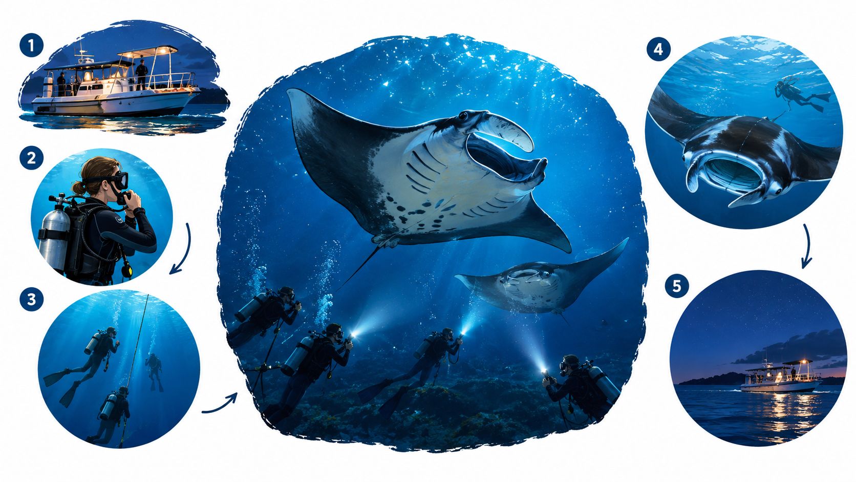An infographic showing the step-by-step process of a night scuba diving trip to see manta rays.