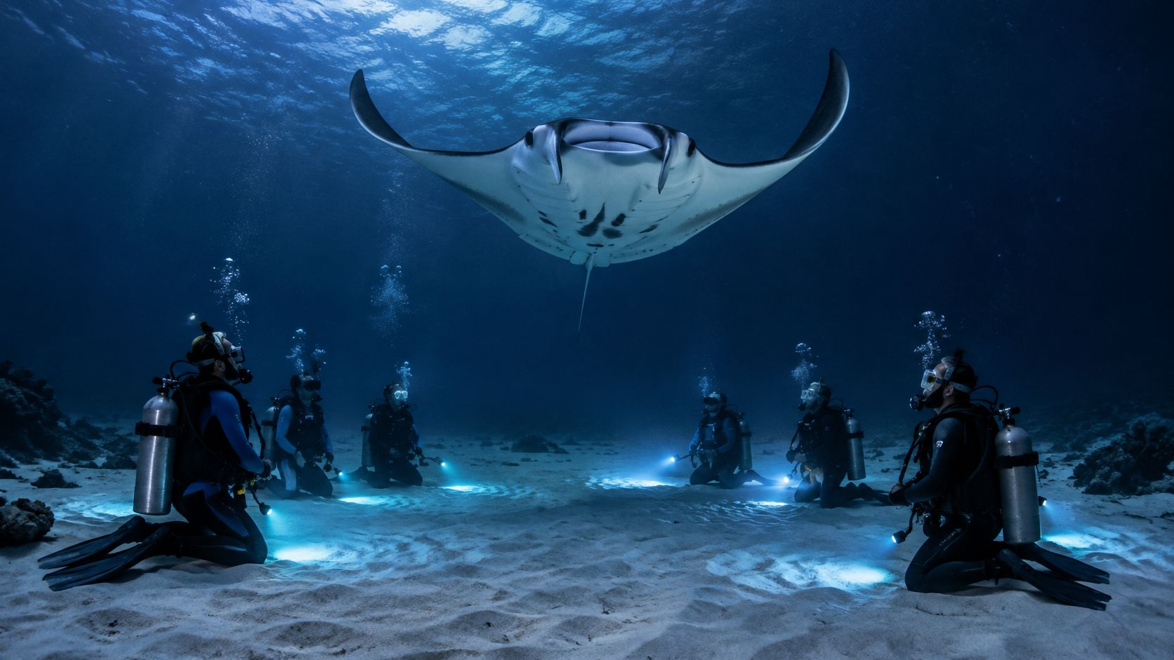 Scuba divers kneeling on the ocean floor observing a large manta ray swimming gracefully overhead in blue water.