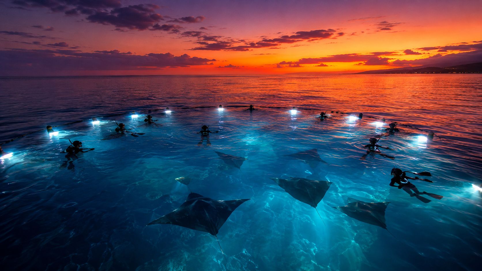 A group of snorkelers swimming in the ocean at night with manta rays illuminated by bright lights.