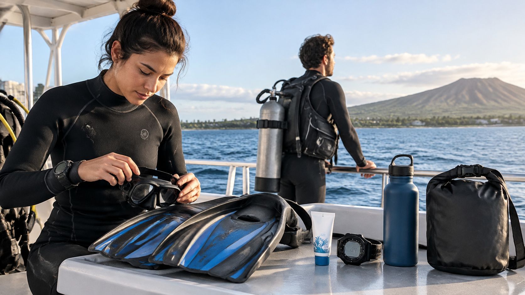 A woman preparing scuba diving gear on a boat while a man looks out at the ocean.