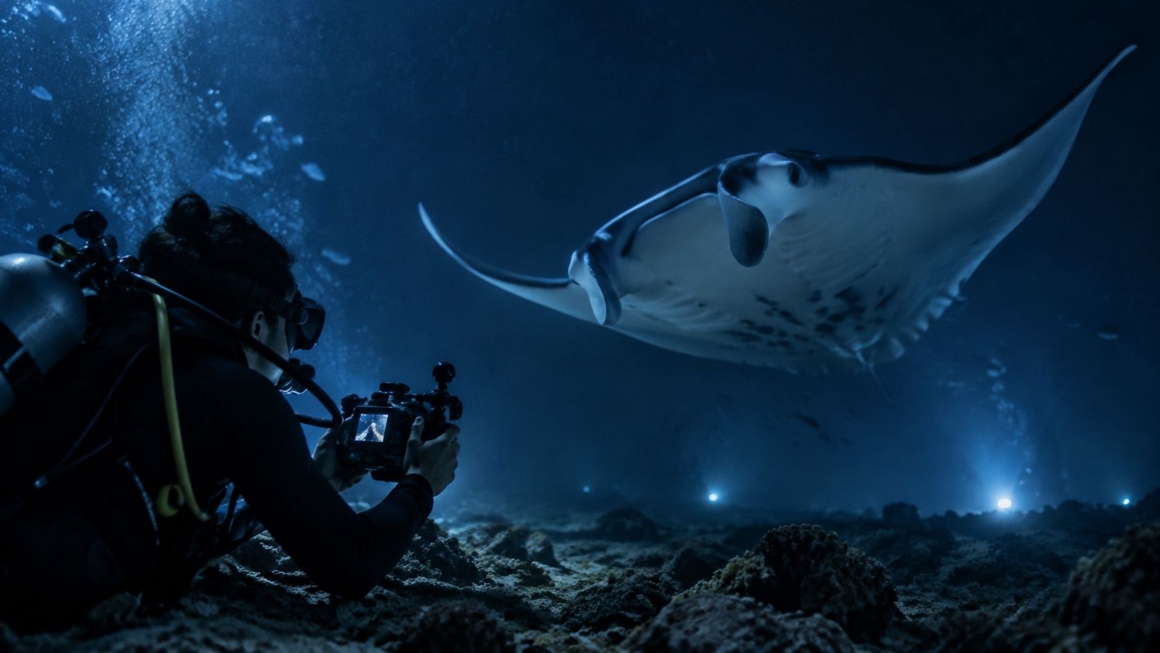 A scuba diver captures a photograph of a large manta ray gliding through deep blue ocean waters.