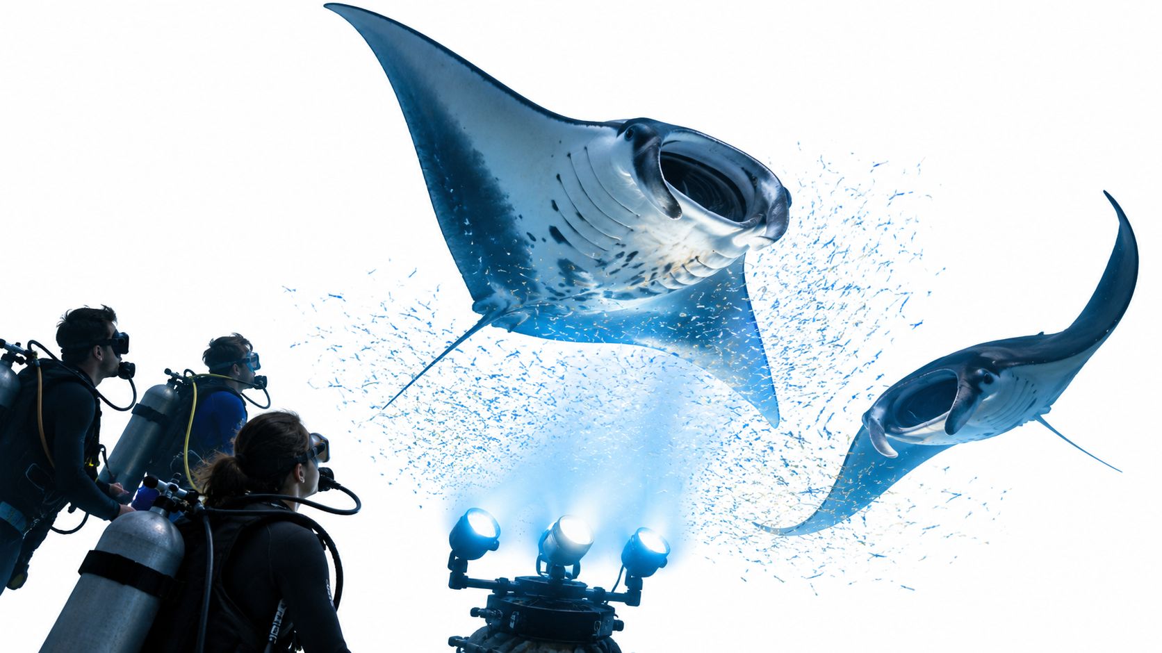 Scuba divers watch two manta rays swimming through plankton illuminated by underwater spotlights in the ocean.