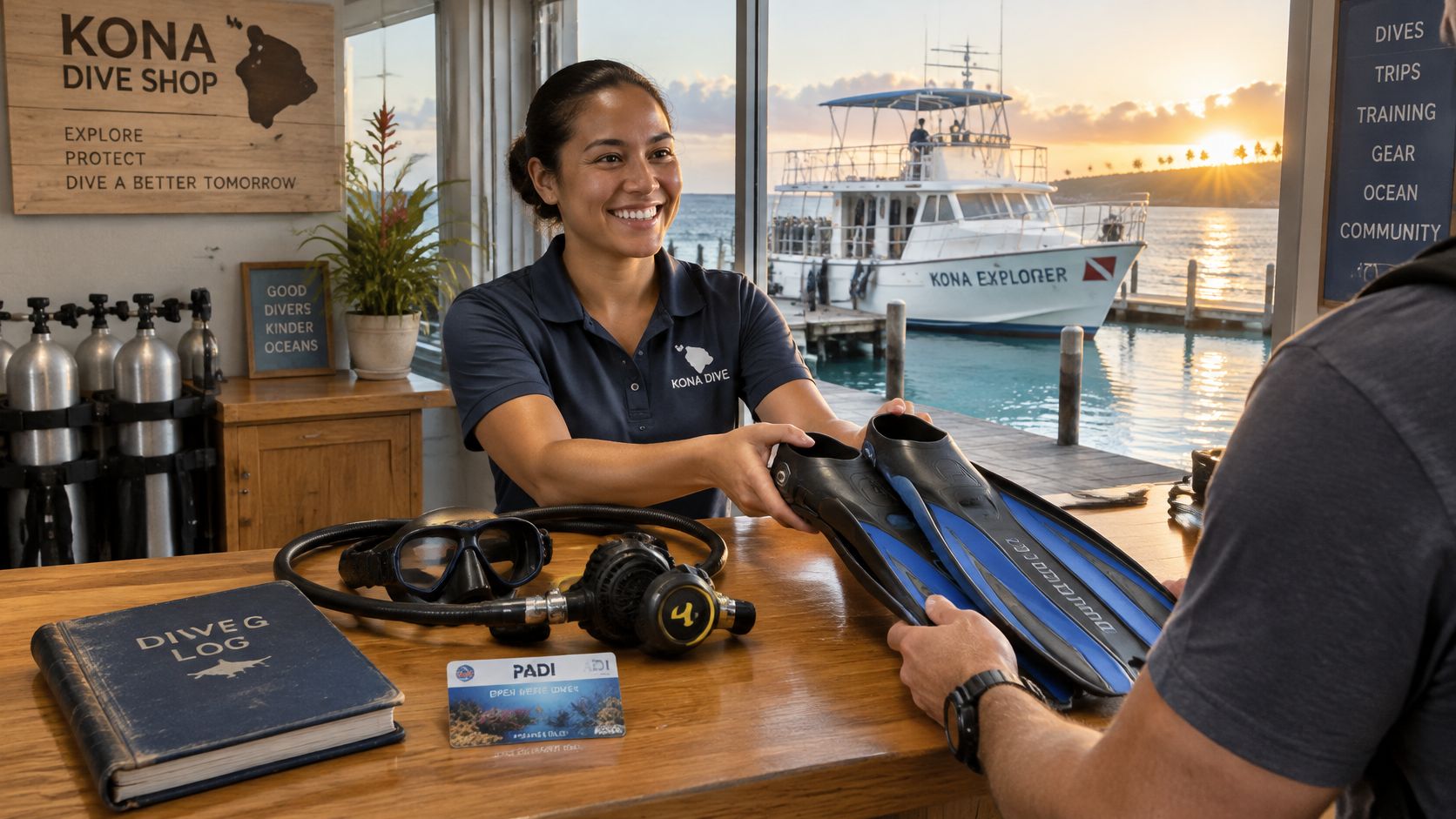 A friendly shop assistant handing blue snorkeling fins to a customer at a Kona dive shop counter.