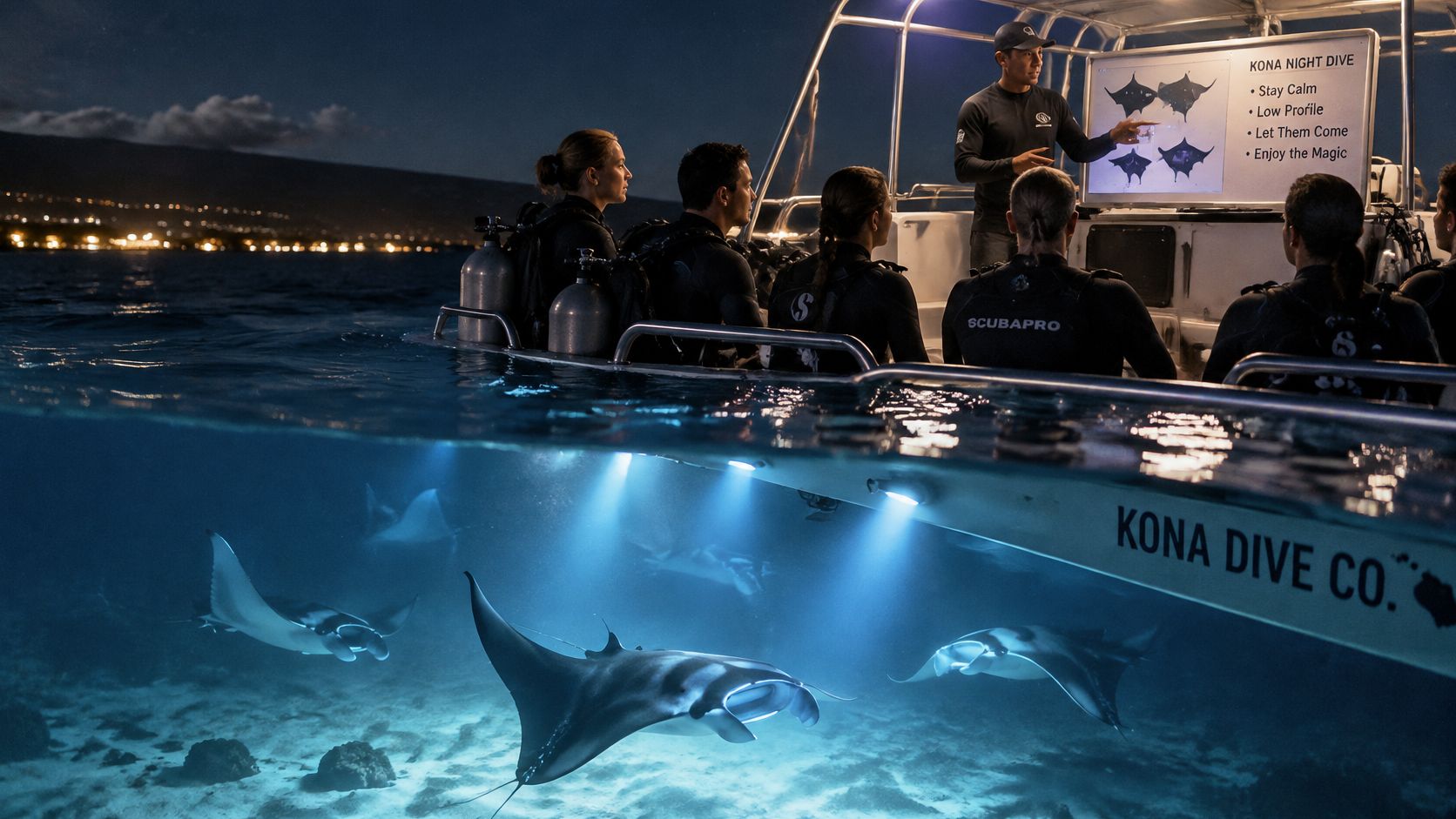 A dive instructor explains manta ray diving guidelines to a group of divers on a boat at night.
