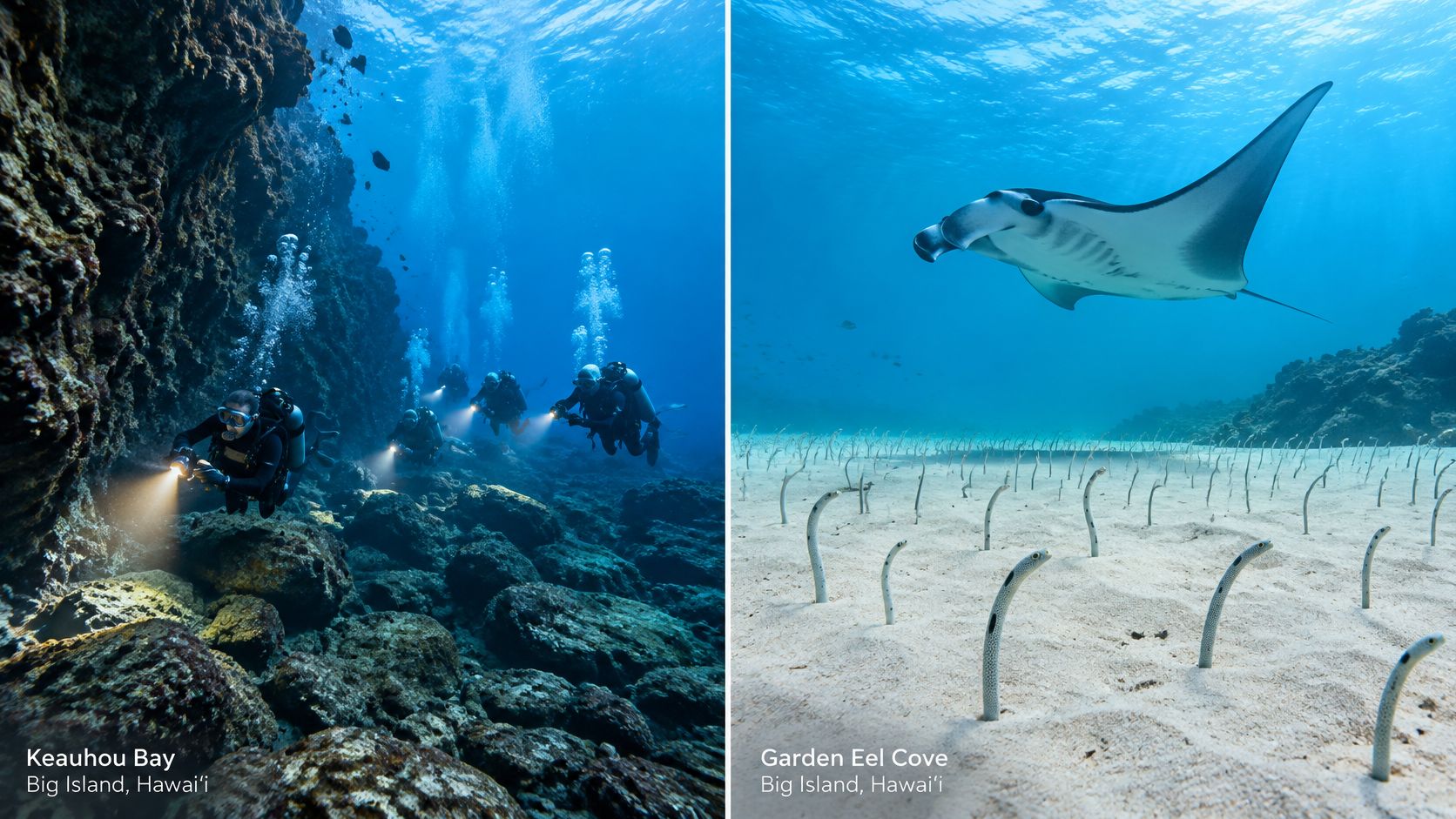 Scuba divers exploring underwater rocks and a manta ray swimming above garden eels in Hawaii.