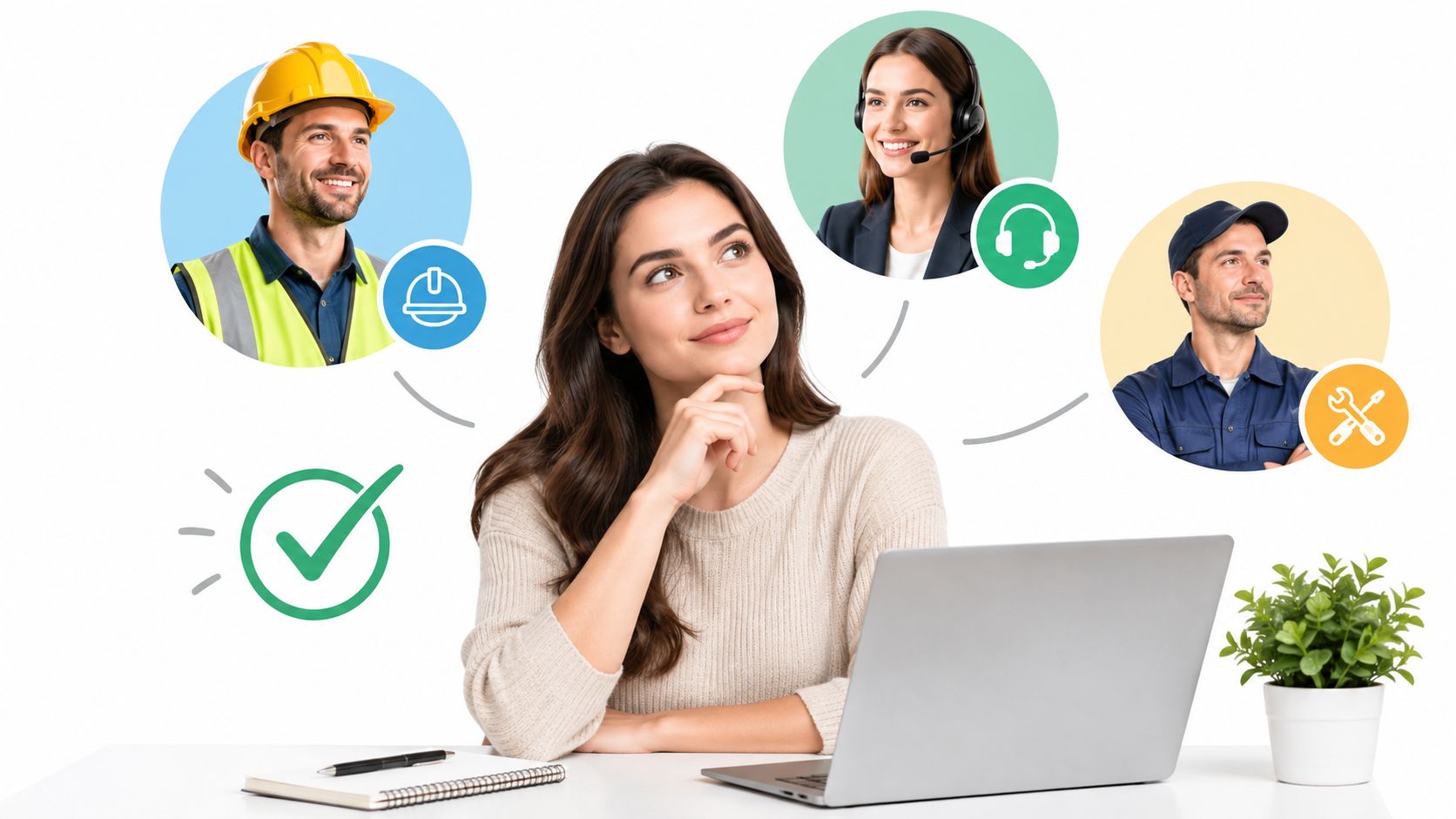 A woman thinking at her desk with virtual professional icons of a contractor, support agent, and technician.