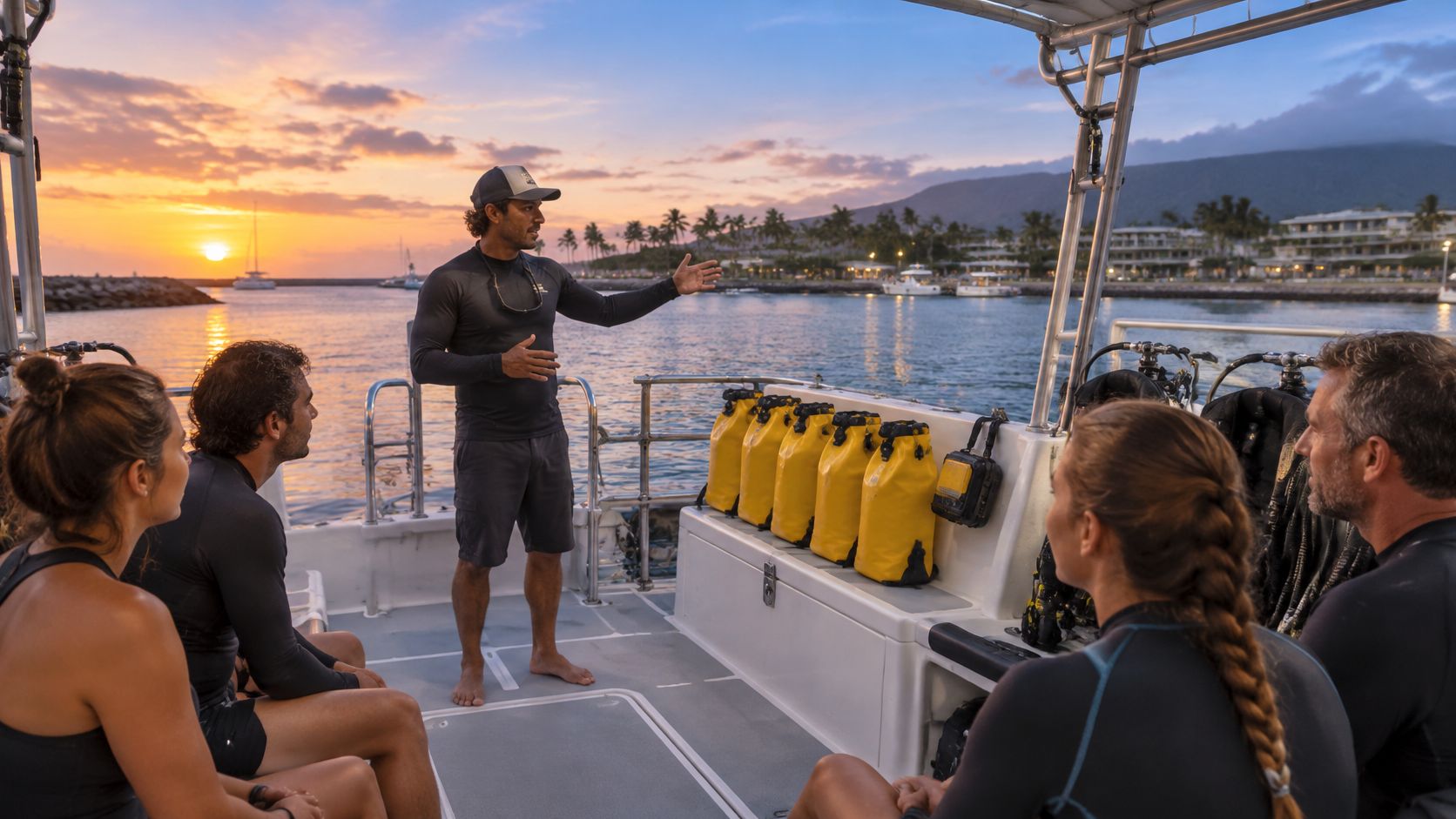 A dive instructor gives a safety briefing to passengers on a boat at sunset in Kona.