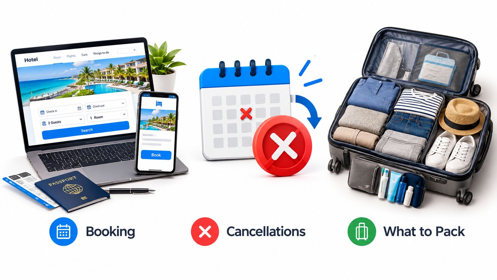 A digital illustration showing the stages of travel planning: hotel booking, flight cancellation, and suitcase packing.