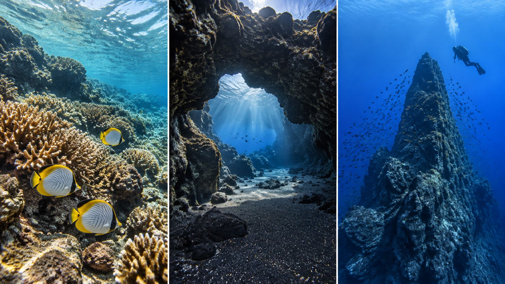 A split image showing coral reefs with tropical fish, an underwater volcanic cave, and a scuba diver.