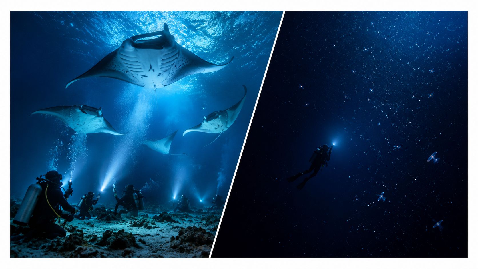 Scuba divers use underwater lights to attract manta rays at night in Kona, Hawaii.