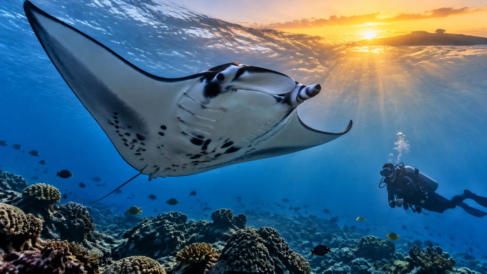 A scuba diver swims gracefully alongside a large manta ray over a vibrant coral reef at sunset.
