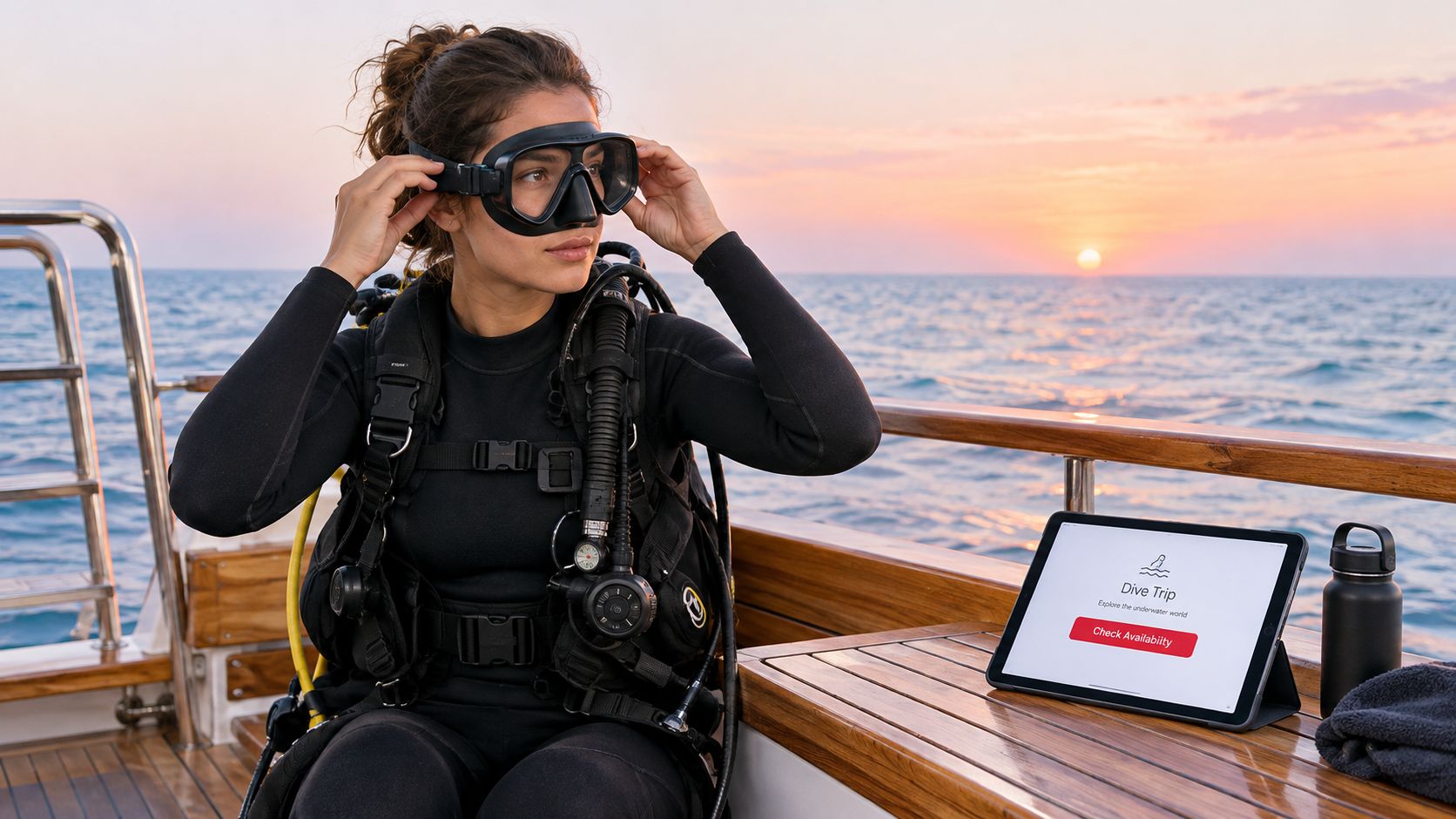 A female scuba diver prepares for her dive on a boat deck during a beautiful golden sunset.