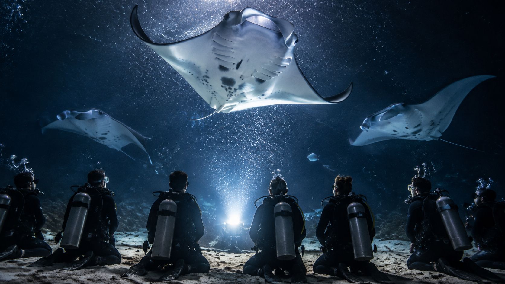A group of scuba divers kneeling on the ocean floor watching three manta rays swimming overhead.