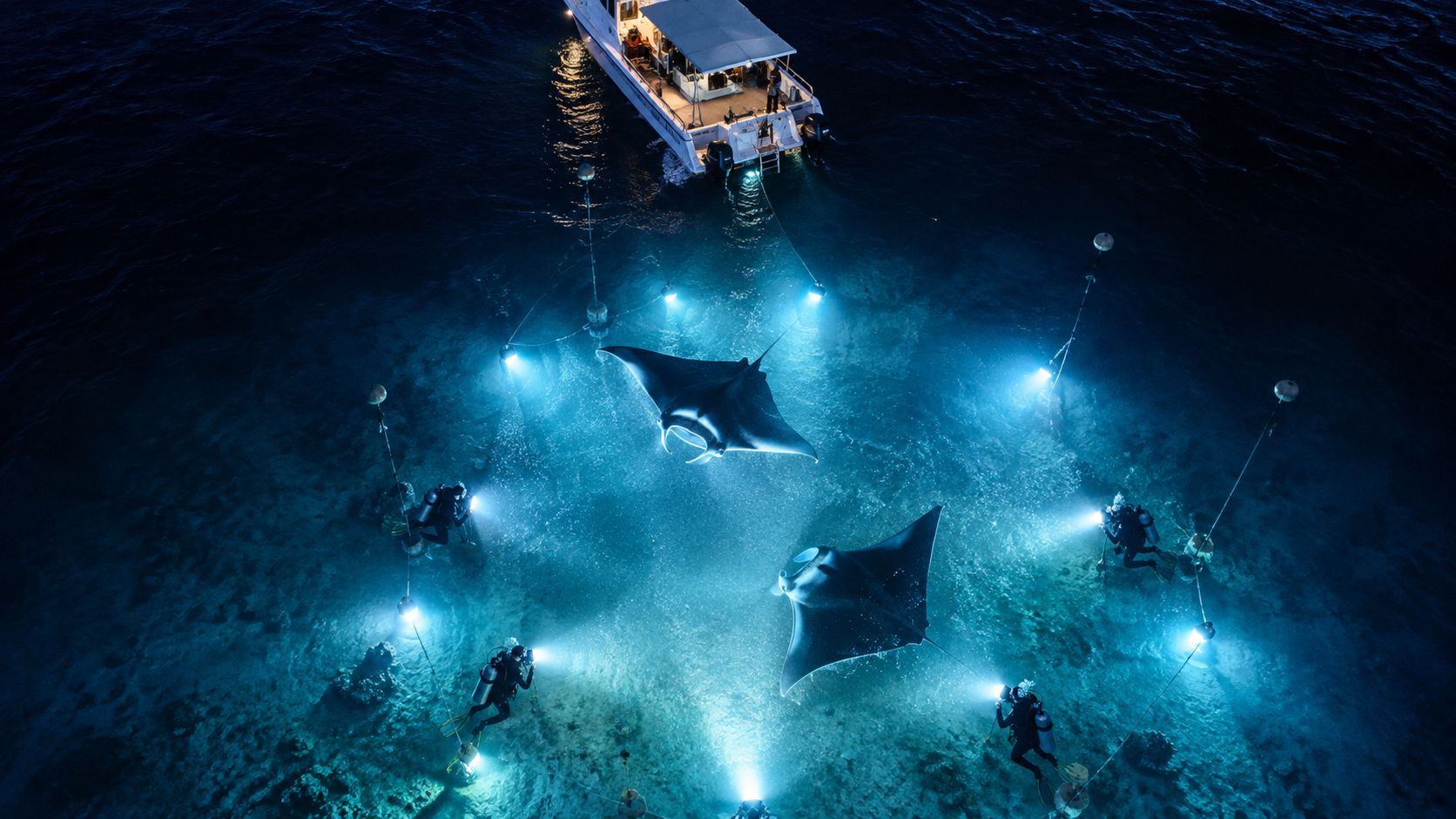 Scuba divers use underwater lights to attract manta rays at night near a boat in Hawaii.