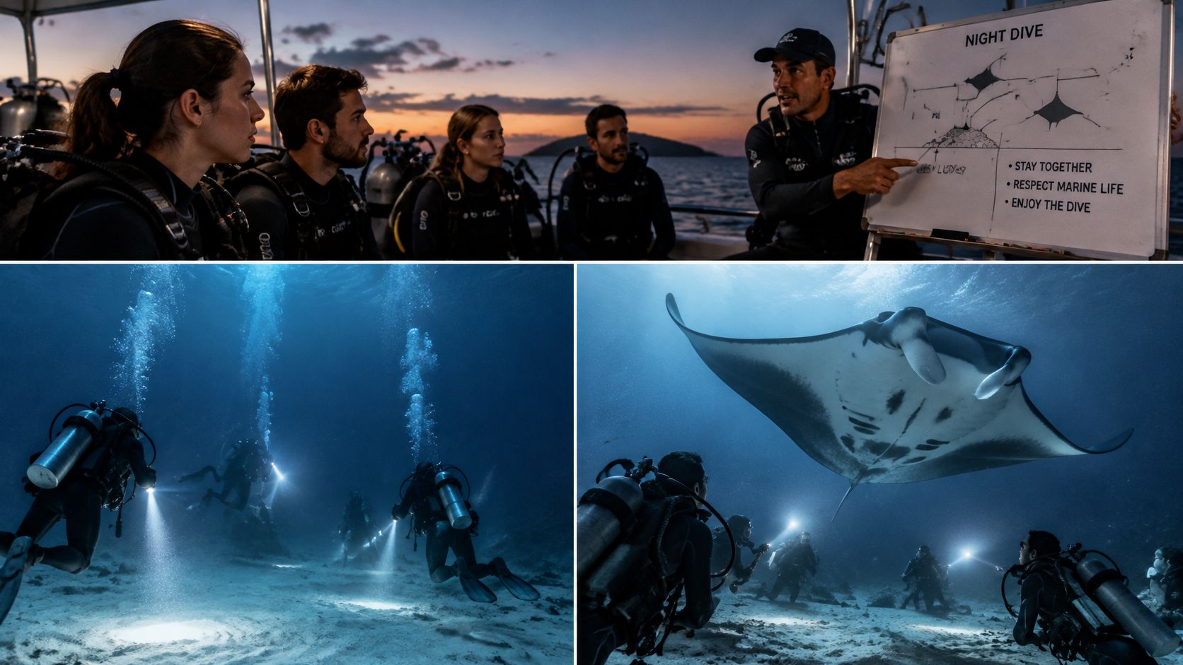 A scuba diving instructor briefs a group before they explore the ocean to see a majestic manta ray.