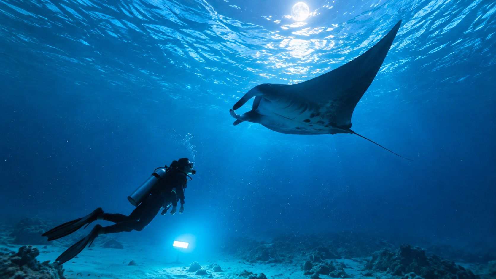 A scuba diver swimming underwater alongside a large manta ray in the deep blue ocean.