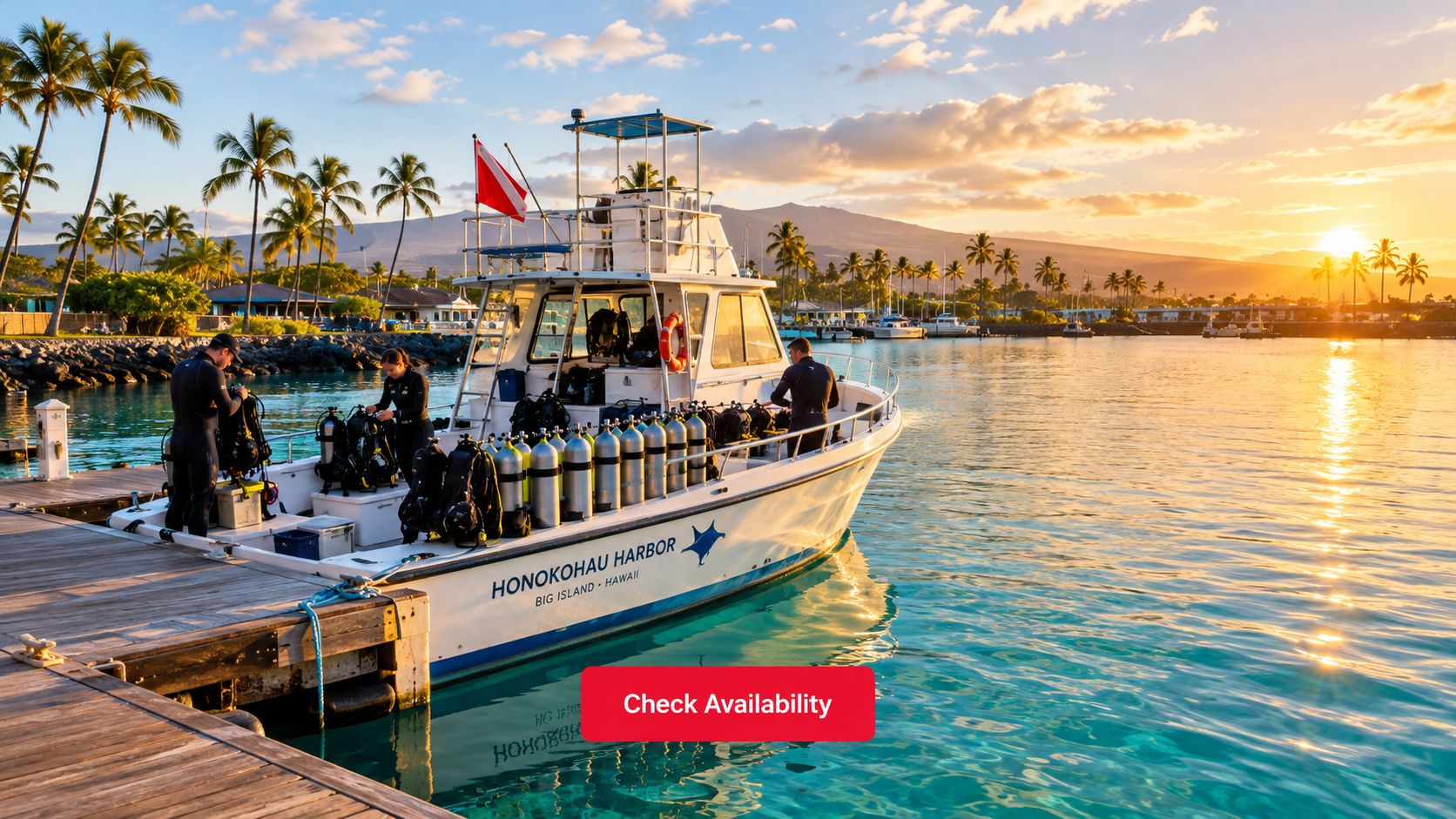 Scuba divers preparing gear on a boat at Honokohau Harbor in Hawaii during a scenic sunset.