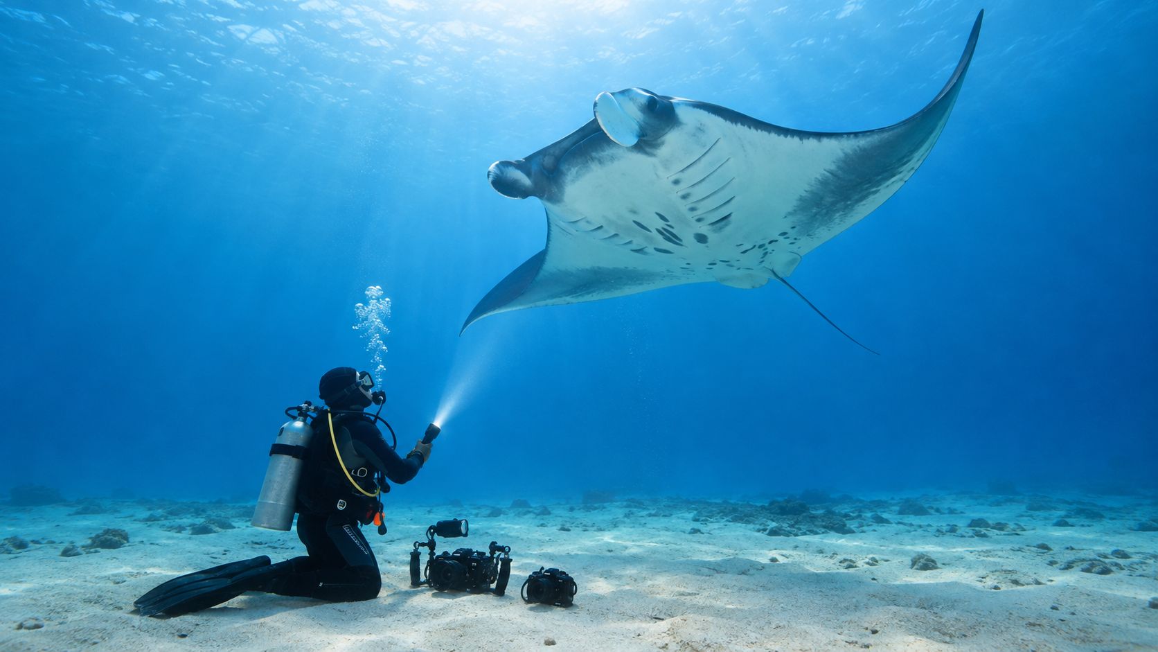 A scuba diver kneels on the sandy ocean floor to photograph a large manta ray swimming above.