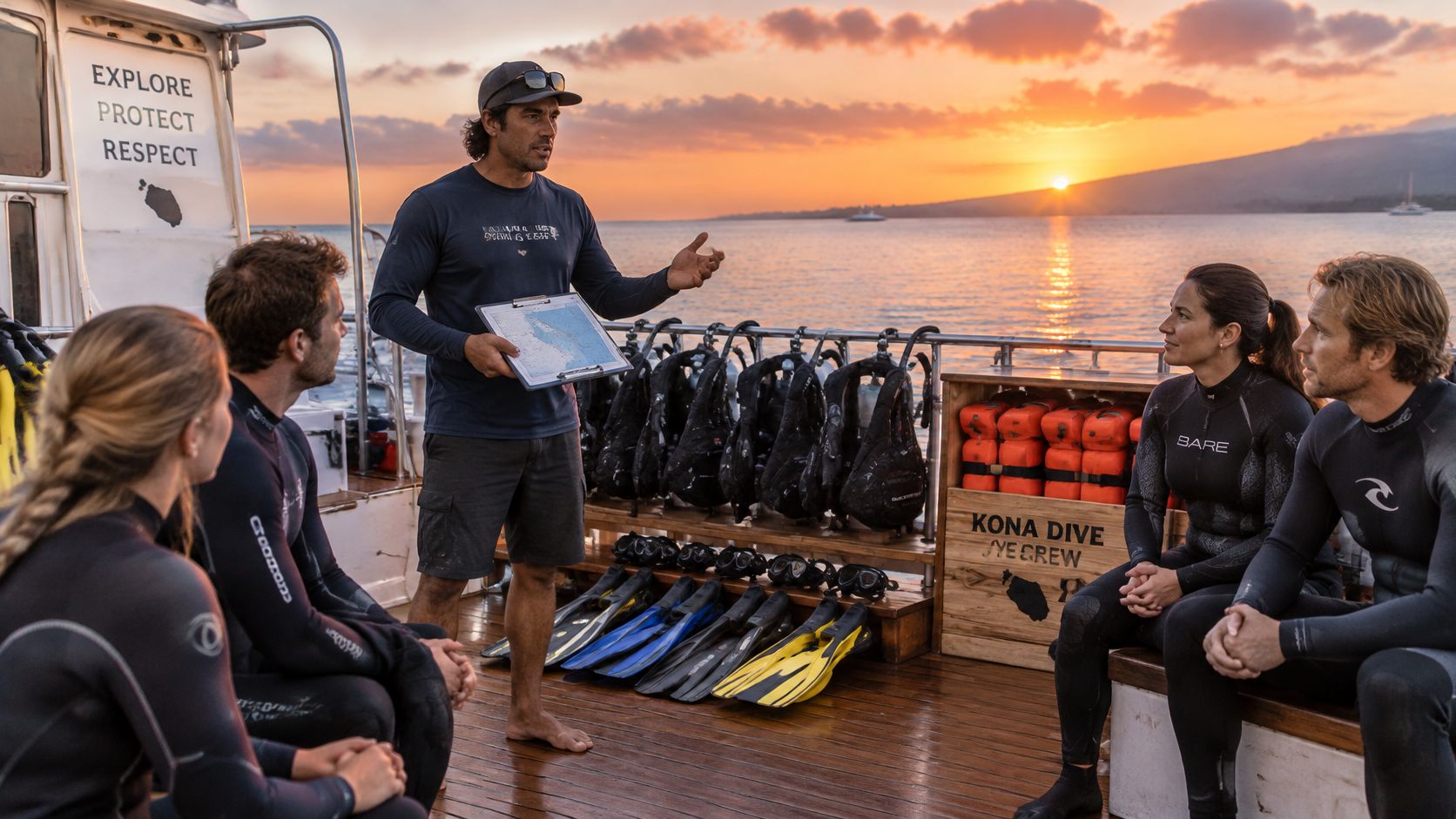 A dive instructor leads a pre-dive briefing for scuba divers on a boat during a Kona sunset.