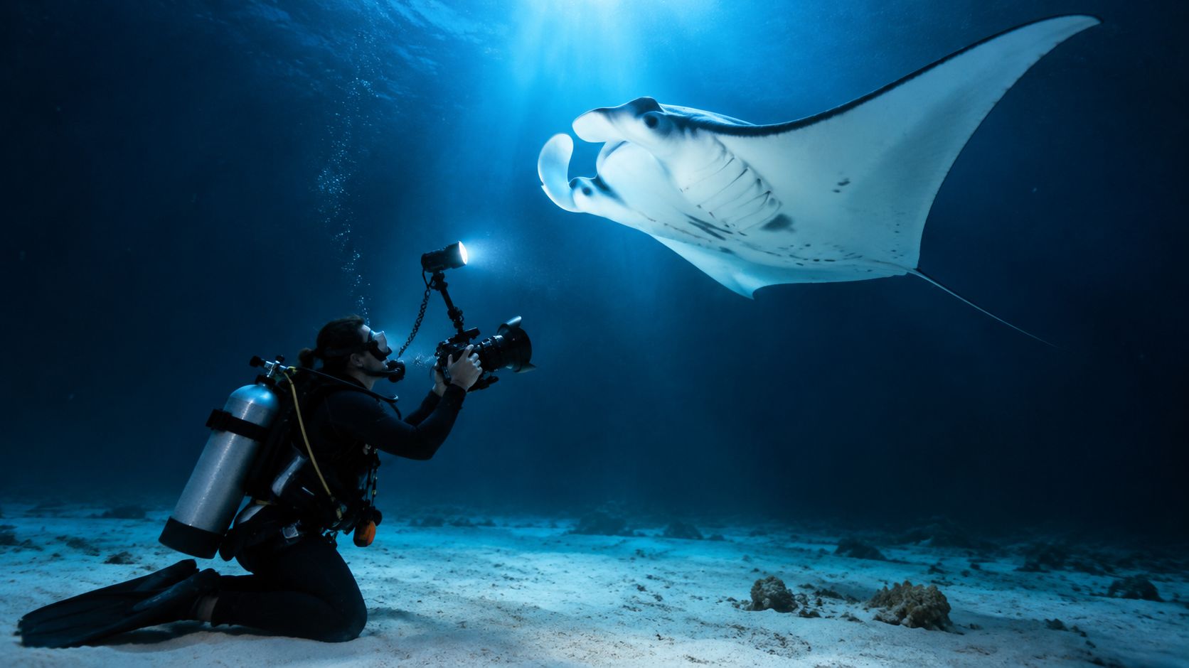 A scuba diver kneeling on the ocean floor, capturing a photograph of a graceful manta ray underwater.