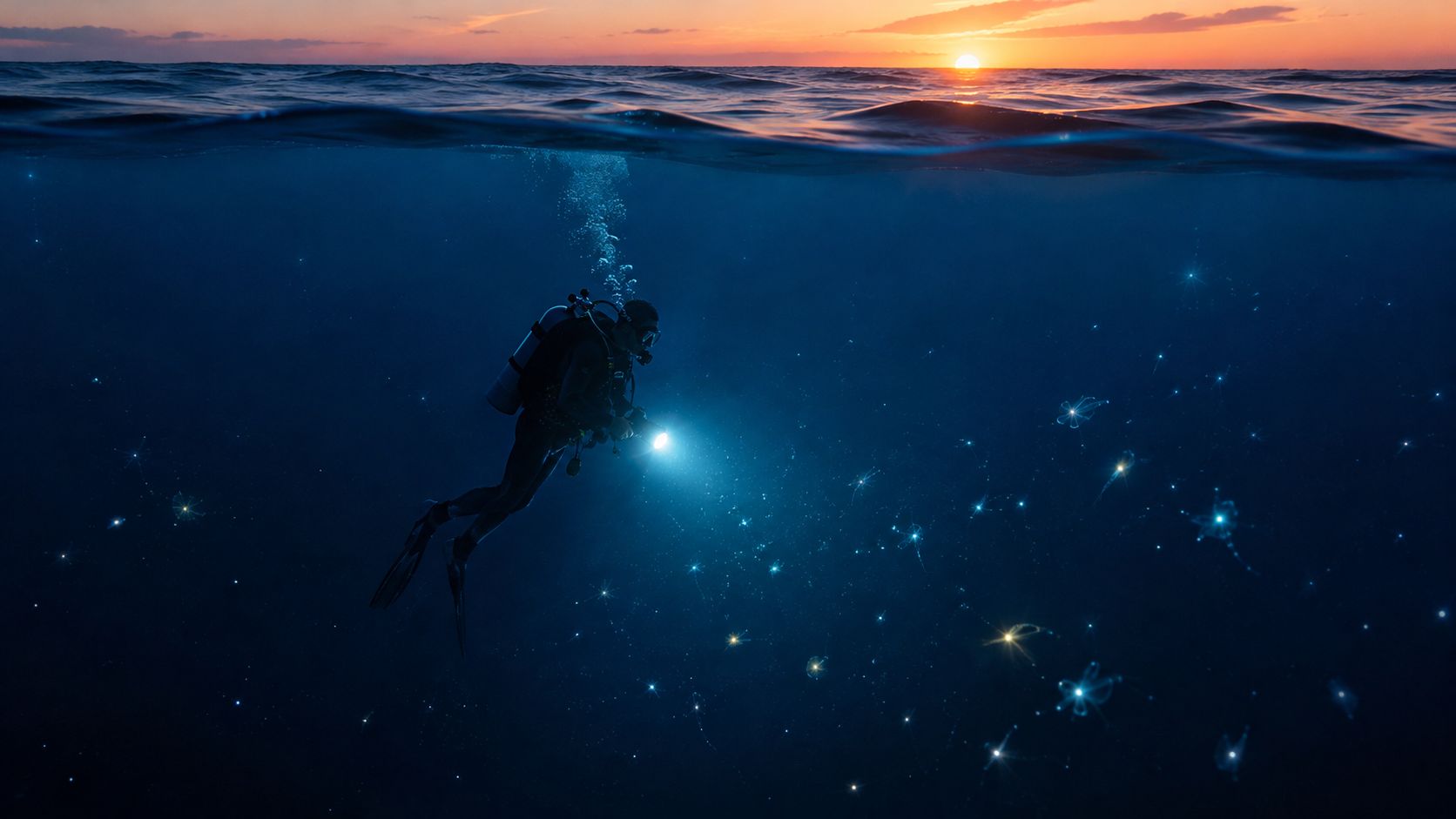A scuba diver explores the dark ocean depths at sunset surrounded by glowing bioluminescent jellyfish.
